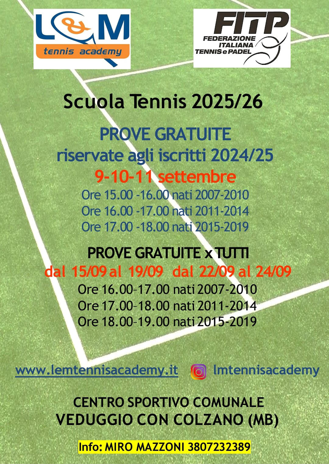 Scuola Tennis - prove gratuite 2025/26